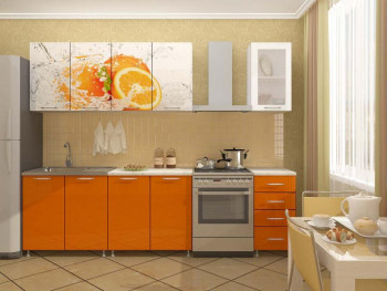 Кухонный гарнитур 1,6м Апельсин (Белый/Оранжевый металлик/Фотопечать апельсин) в Горячегорске - goryachegorsk.mebel54.com | фото