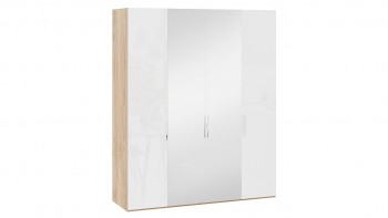 Шкаф комбинированный с 2 глухими и 2 зеркальными дверями «Эмбер» Яблоня Беллуно/Белый глянец в Горячегорске - goryachegorsk.mebel54.com | фото